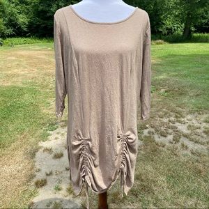 CHALET TOP TUNIC TAN CINCHED FRONT 3/4 SLEEVE LAGENLOOK POCKETS USA SIZE L